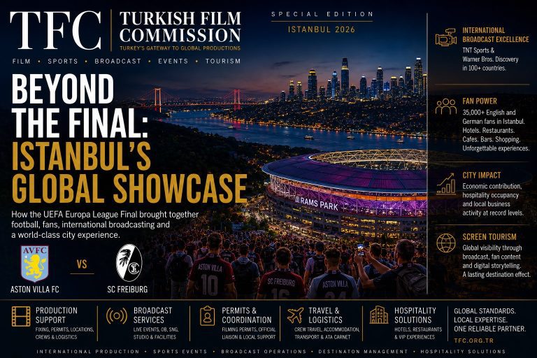 UEFA Europa League Final in Istanbul featuring Aston Villa FC and SC Freiburg supporters, Rams Park stadium, international broadcasting impact and Turkish Film Commission editorial cover design.