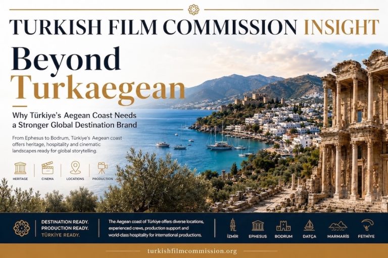Türkiye’s Aegean coast with ancient ruins, turquoise sea, coastal towns and cinematic landscapes, presented as a Turkish Film Commission June Insight cover.
